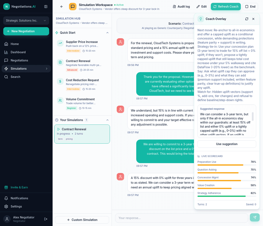 Negotiation simulation workspace with AI coach overlay and live scorecard